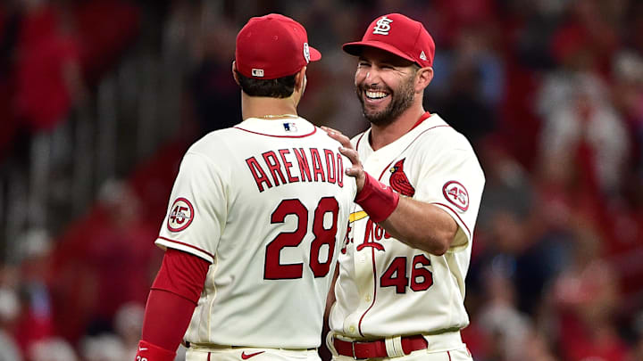 Sep 11, 2021; St. Louis, Missouri, USA; St. Louis Cardinals first baseman Paul Goldschmidt (46) celebrates with third baseman Nolan Arenado (28) after the Cardinals defeated the Cincinnati Reds at Busch Stadium. Mandatory Credit: Jeff Curry-Imagn Images Sep 11, 2021; St. Louis, Missouri, USA; St. Louis Cardinals first baseman Paul Goldschmidt (46) celebrates with third baseman Nolan Arenado (28) after the Cardinals defeated the Cincinnati Reds at Busch Stadium. Mandatory Credit: Jeff Curry-Imagn Images
