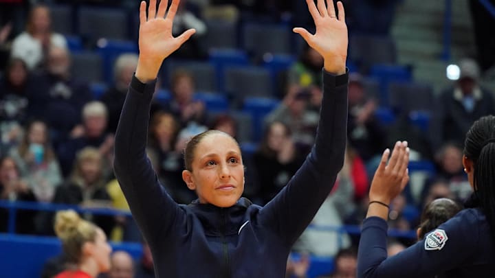 Jan 27, 2020; Hartford, Connecticut, USA; 2020 USA Womens National Team guard Diana Taurasi (12) waves to the crown as she in introduced before the game against the UConn Huskies at XL Center. Mandatory Credit: David Butler II-Imagn Images