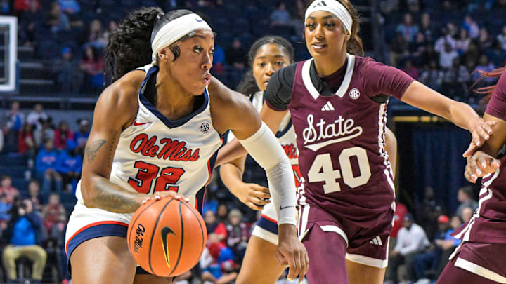 Ole Miss forward Cotie McMahon (32) drives toward the basket during a women's college basketball game between Ole Miss and Mississippi State at the Sandy and John Black Pavilion in Oxford, Miss. on Sunday, Jan. 11, 2026. Ole Miss forward Cotie McMahon (32) drives toward the basket during a women's college basketball game between Ole Miss and Mississippi State at the Sandy and John Black Pavilion in Oxford, Miss. on Sunday, Jan. 11, 2026.