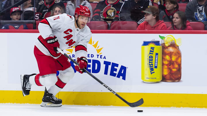 Apr 17, 2025; Ottawa, Ontario, CAN; Carolina Hurricanes left wing Taylor Hall (71) skates with the puck in the second period against the Ottawa Senators at the Canadian Tire Centre. Mandatory Credit: Marc DesRosiers-Imagn Images