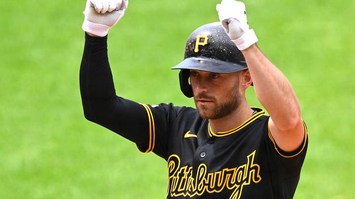Jul 18, 2026; Cleveland, Ohio, USA; Pittsburgh Pirates second baseman Brandon Lowe (5) celebrates his single in the eighth inning against the Cleveland Guardians at Progressive Field. Mandatory Credit: David Richard-Imagn Images Jul 18, 2026; Cleveland, Ohio, USA; Pittsburgh Pirates second baseman Brandon Lowe (5) celebrates his single in the eighth inning against the Cleveland Guardians at Progressive Field. Mandatory Credit: David Richard-Imagn Images