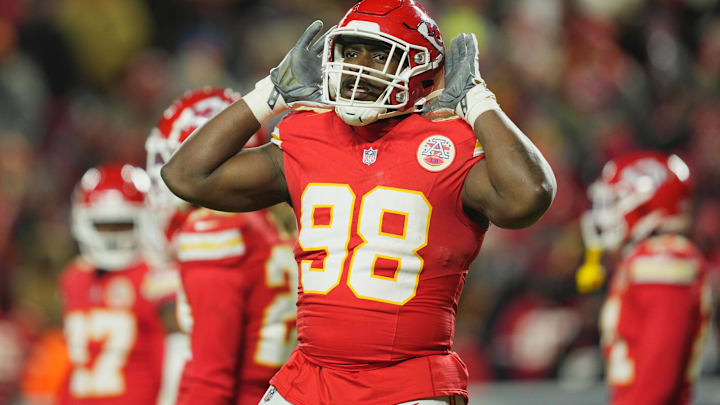 Jan 18, 2025; Kansas City, Missouri, USA; Kansas City Chiefs defensive tackle Tershawn Wharton (98) reacts during the fourth quarter of a 2025 AFC divisional round game against the Houston Texans at GEHA Field at Arrowhead Stadium.