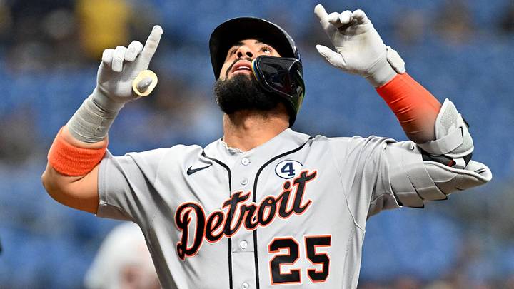 Detroit Tigers second baseman Gleyber Torres (25) celebrates after hitting a solo home run. Detroit Tigers second baseman Gleyber Torres (25) celebrates after hitting a solo home run.