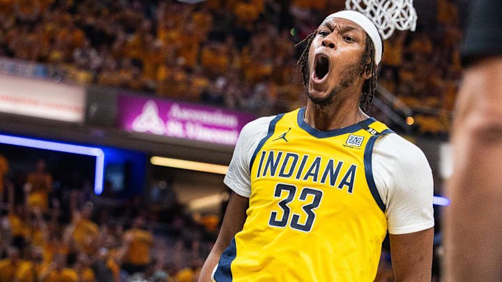 May 17, 2024; Indianapolis, Indiana, USA; Indiana Pacers center Myles Turner (33) celebrates a made basket during game six of the second round for the 2024 NBA playoffs against the New York Knicks at Gainbridge Fieldhouse. Mandatory Credit: Trevor Ruszkowski-Imagn Images
