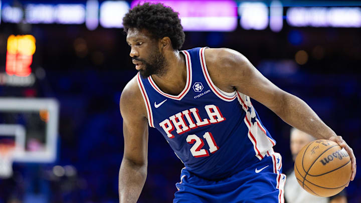 May 2, 2024; Philadelphia, Pennsylvania, USA; Philadelphia 76ers center Joel Embiid (21) in action against the New York Knicks during game six of the first round for the 2024 NBA playoffs at Wells Fargo Center. Mandatory Credit: Bill Streicher-Imagn Images