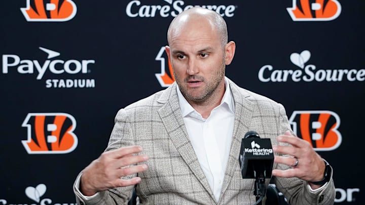 Cincinnati Bengals Assistant General Manger Mike Potts speaks with media during the 2026 NFL Draft, Friday, April 24, 2026, at Paycor Stadium in downtown Cincinnati.