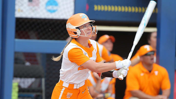 Tennessee's Katie Taylor (1) drives in two runs in the second inning of a softball game between Tennessee and Alabama in the Women's College World Series at USA Softball Hall of Fame Stadium in Oklahoma City, Thursday, June 1, 2023. Tennessee's Katie Taylor (1) drives in two runs in the second inning of a softball game between Tennessee and Alabama in the Women's College World Series at USA Softball Hall of Fame Stadium in Oklahoma City, Thursday, June 1, 2023.