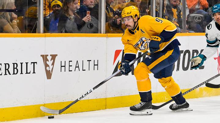 Oct 15, 2026; Nashville, Tennessee, USA; \Nashville Predators left wing Filip Forsberg (9) skates behind the net against the San Jose Sharks during the first period at Bridgestone Arena. Mandatory Credit: Steve Roberts-Imagn Images Oct 15, 2026; Nashville, Tennessee, USA; \Nashville Predators left wing Filip Forsberg (9) skates behind the net against the San Jose Sharks during the first period at Bridgestone Arena. Mandatory Credit: Steve Roberts-Imagn Images