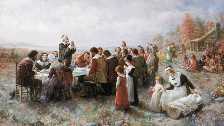 The Pilgrims give thanks with no turkey or mashed potatoes in sight.