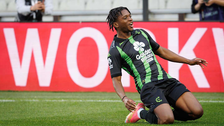 Cercle Brugge left-back Flavio Nazinho celebrates after scoring during a match between Cercle Brugge and Patro Eisden Maasmechelen, May 23, 2025 in Brugge, the second leg of the Relegation Play-offs Finals of the 2024-2025 Jupiler Pro League Belgian championship.