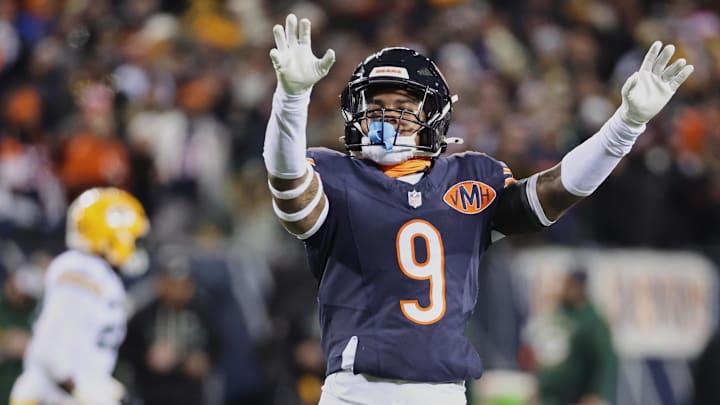 Dec 20, 2025; Chicago, Illinois, USA; Chicago Bears safety Jaquan Brisker (9) reacts against the Green Bay Packers during the first quarter at Soldier Field. Mandatory Credit: Mike Dinovo-Imagn Images