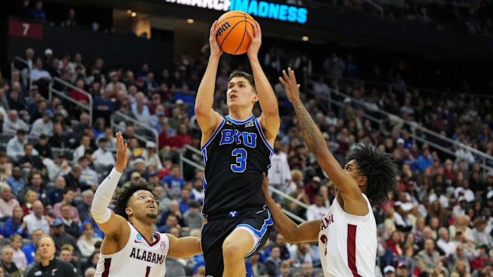 Mar 27, 2025; Newark, NJ, USA; Brigham Young Cougars guard Egor Demin (3) drives to the basket against Alabama Crimson Tide guard Mark Sears (1) during the second half during an East Regional semifinal of the 2025 NCAA tournament at Prudential Center. Mandatory Credit: Robert Deutsch-Imagn Images