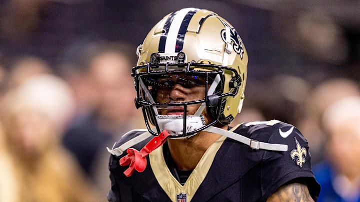 Dec 29, 2024; New Orleans, Louisiana, USA;  New Orleans Saints cornerback Alontae Taylor (1) during warm ups before the game against the Las Vegas Raiders at Caesars Superdome. 
