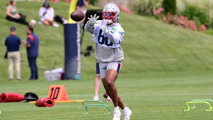 Jun 10, 2024; Foxborough, MA, USA;  New England Patriots wide receiver Kawaan Baker (86) makes a catch at minicamp at Gillette Stadium. Mandatory Credit: Eric Canha-Imagn Images