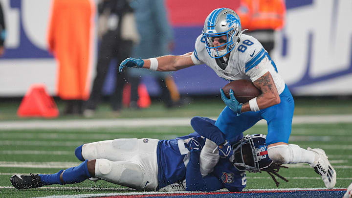 Aug 8, 2024; East Rutherford, New Jersey, USA; Detroit Lions wide receiver Kaden Davis (88) is tackled by New York Giants cornerback Tre Herndon (23) during the second half at MetLife Stadium. Aug 8, 2024; East Rutherford, New Jersey, USA; Detroit Lions wide receiver Kaden Davis (88) is tackled by New York Giants cornerback Tre Herndon (23) during the second half at MetLife Stadium.
