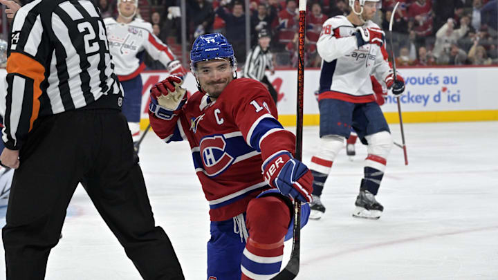 Apr 25, 2025; Montreal, Quebec, CAN; Montreal Canadiens forward Nick Suzuki (14) celebrates after scoring a goal against the Washington Capitals during the second period in game three of the first round of the 2025 Stanley Cup Playoffs at the Bell Centre. Mandatory Credit: Eric Bolte-Imagn Images