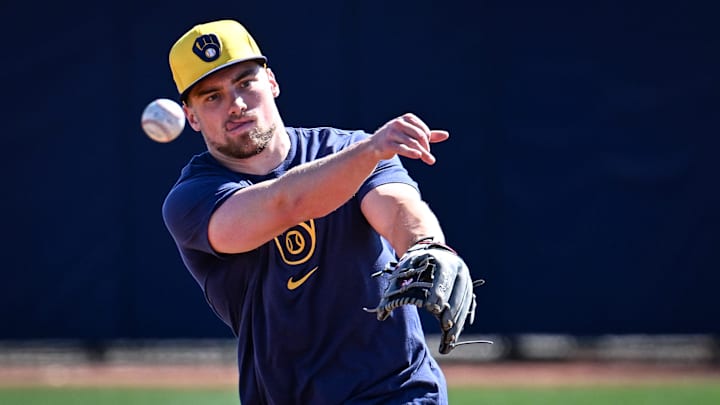 Milwaukee Brewers infielder Caleb Durbin throws to first during spring training workouts Saturday, February 15, 2025, at the American Family Fields of Phoenix in Phoenix, Arizona. Milwaukee Brewers infielder Caleb Durbin throws to first during spring training workouts Saturday, February 15, 2025, at the American Family Fields of Phoenix in Phoenix, Arizona.