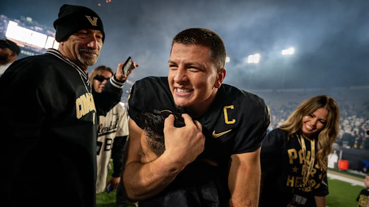 Vanderbilt quarterback Diego Pavia celebrates after defeating Kentucky at FirstBank Stadium in Nashville, Tenn., Saturday, Nov. 22, 2025.