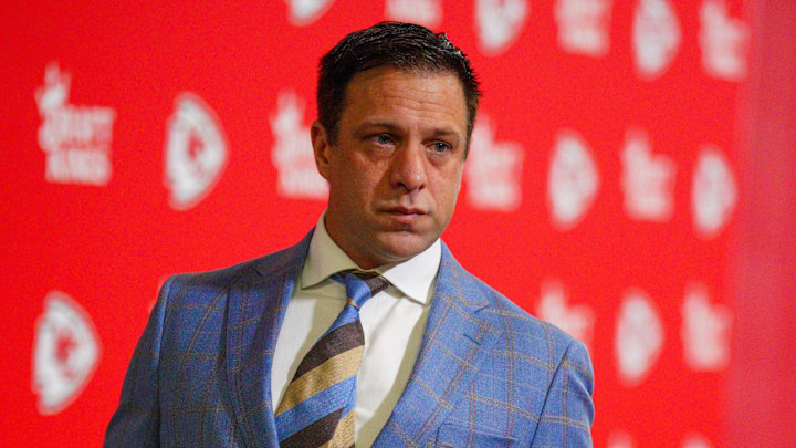 Nov 10, 2024; Kansas City, Missouri, USA; Kansas City Chiefs general manager Brett Veach arrives to the stadium prior to a game against the Denver Broncos at GEHA Field at Arrowhead Stadium. Mandatory Credit: Denny Medley-Imagn Images