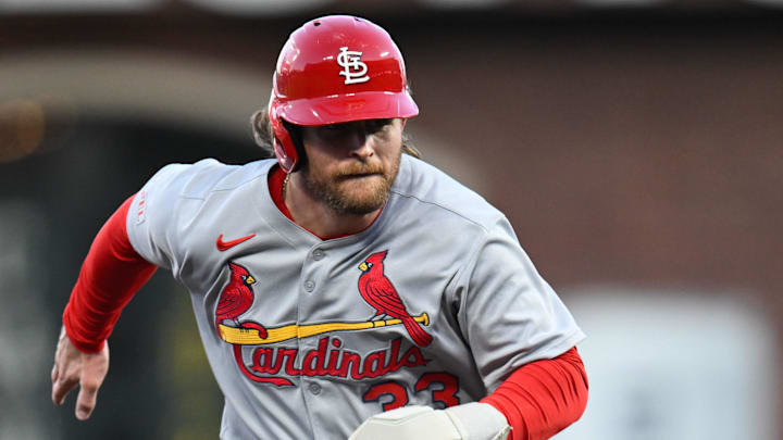 Sep 23, 2025; San Francisco, California, USA; St. Louis Cardinals second baseman Brendan Donovan (33) runs to third base against the San Francisco Giants during the first inning at Oracle Park. Mandatory Credit: Eakin Howard-Imagn Images