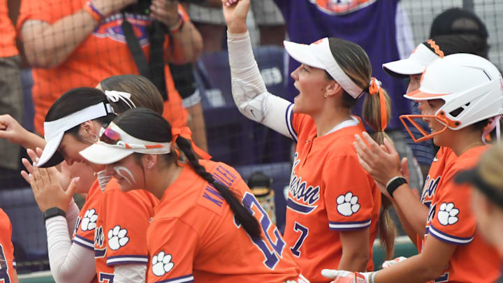 Clemson senior Reese Basinger (7) celebrates after Clemson sophomore Kylee Johnson (3) hit a home run during the bottom of the fourth inning of the NCAA Softball Tournament Clemson Regional at McWhorter Stadium in Clemson Friday, May 16, 2025.