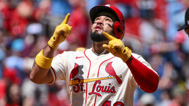 Apr 25, 2026; St. Louis, Missouri, USA; St. Louis Cardinals designated hitter Ivan Herrera (48) reacts after hitting a solo home run against the Seattle Mariners during the first inning at Busch Stadium. Mandatory Credit: Jeff Curry-Imagn Images