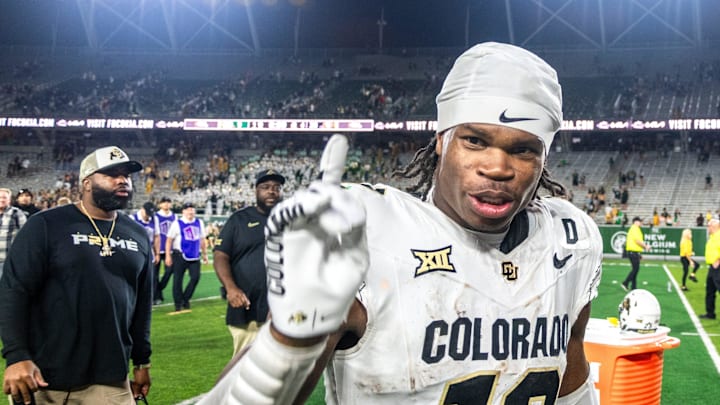 CU football standout athlete Travis Hunter flashes a No. 1 with his finger after a win against CSU in the Rocky Mountain Showdown at Canvas Stadium on Saturday, Sept. 14, 2024, in Fort Collins, Colo.