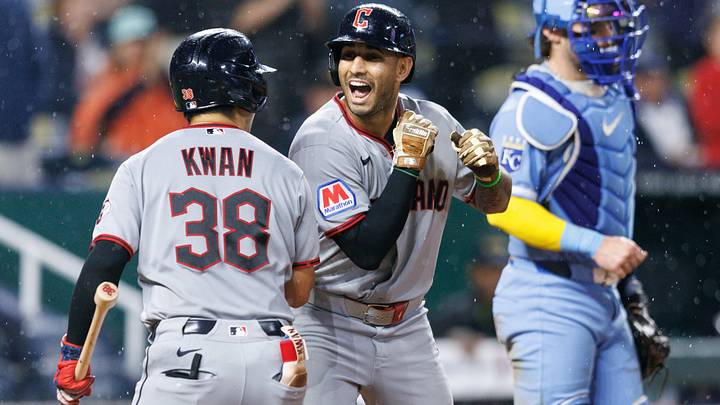 Sep 25, 2026: Cleveland Guardians shortstop Brayan Rocchio (4) celebrates after scoring with Cleveland Guardians left fielder Steven Kwan (38) during the ninth inning against the Kansas City Royals at Kauffman Stadium. Credit: William Purnell-Imagn Images