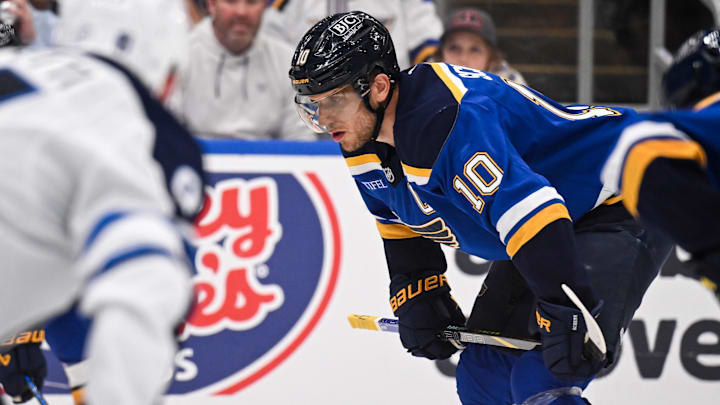 May 2, 2025; St. Louis, Missouri, USA; St. Louis Blues center Brayden Schenn (10) looks on prior to a face off against the Winnipeg Jets during the second period in game six of the first round of the 2025 Stanley Cup Playoffs at Enterprise Center. Mandatory Credit: Connor Hamilton-Imagn Images