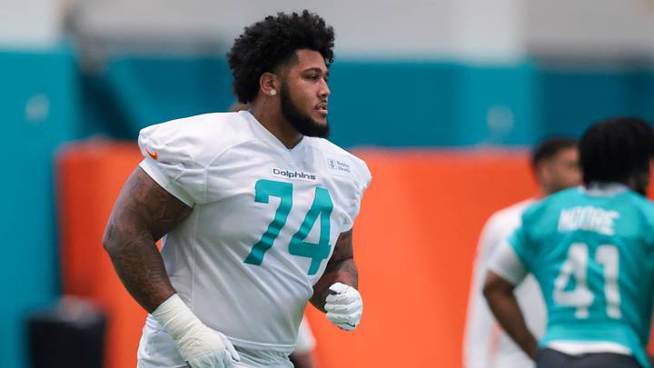 Miami Dolphins guard Kadyn Proctor works during rookie minicamp at the Baptist Health Training Complex.