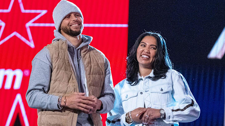 Golden State Warriors guard Stephen Curry (30) and wife Ayesha Curry (right) during the 2022 NBA All-Star Saturday Night at Rocket Mortgage Field House.