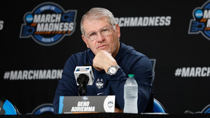 Mar 26, 2026; Fort Worth, TX, USA;  UConn Huskies head coach Geno Auriemma speaks during a press conference ahead of the women's 2026 NCAA Tournament at Dickies Arena. Mandatory Credit: Chris Jones-Imagn Images
