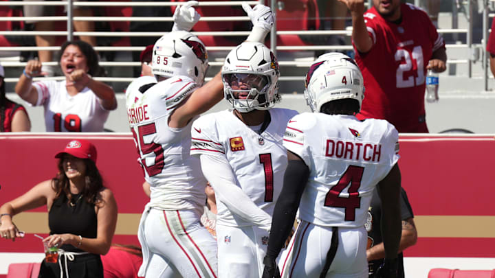 Oct 6, 2024; Santa Clara, California, USA; Arizona Cardinals quarterback Kyler Murray (1) celebrates with wide receiver Greg Dortch (4) after scoring a touchdown against the San Francisco 49ers during the first quarter at Levi's Stadium. Mandatory Credit: Darren Yamashita-Imagn Images
