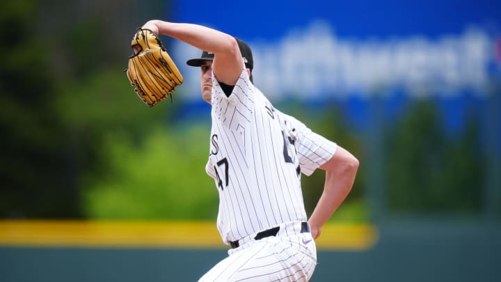 May 9, 2024; Denver, Colorado, USA; Colorado Rockies starting pitcher Cal Quantrill (47) delivers a pitch in the first inning against the San Francisco Giants at Coors Field. Mandatory Credit: Ron Chenoy-USA TODAY Sports May 9, 2024; Denver, Colorado, USA; Colorado Rockies starting pitcher Cal Quantrill (47) delivers a pitch in the first inning against the San Francisco Giants at Coors Field. Mandatory Credit: Ron Chenoy-USA TODAY Sports