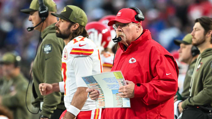 Nov 2, 2025; Orchard Park, New York, USA; Kansas City Chiefs head coach Andy Reid looks on in the second quarter against the Buffalo Bills at Highmark Stadium. Mandatory Credit: Mark Konezny-Imagn Images