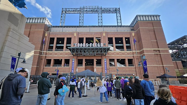 Apr 20, 2025; Denver, Colorado, USA; General view as Washington Nationals and Colorado Rockies fan await to enter for game 2 at Coors Field. Mandatory Credit: Ron Chenoy-Imagn Images