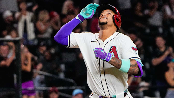 Sep 2, 2025; Phoenix, Arizona, USA; Arizona Diamondbacks second base Ketel Marte (4) celebrates his three run home run in the seventh inning against the Texas Rangers at Chase Field. Mandatory Credit: Arianna Grainey-Imagn Images Sep 2, 2025; Phoenix, Arizona, USA; Arizona Diamondbacks second base Ketel Marte (4) celebrates his three run home run in the seventh inning against the Texas Rangers at Chase Field. Mandatory Credit: Arianna Grainey-Imagn Images