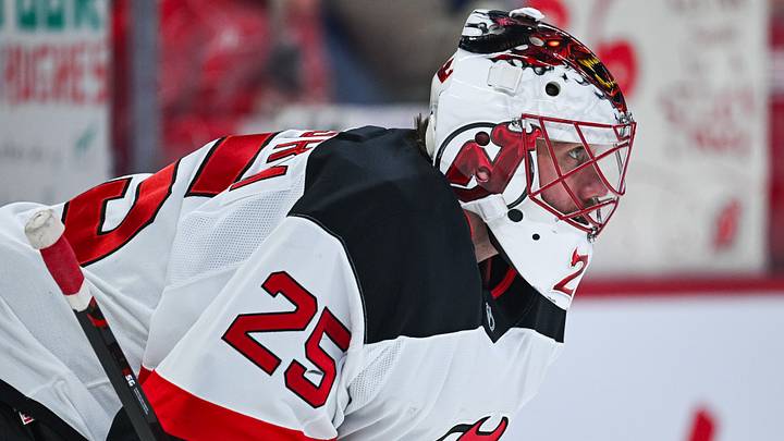 Apr 5, 2026; Montreal, Quebec, CAN; New Jersey Devils goalie Jacob Markstrom (25) looks on during warm-up before the game against the Montreal Canadiens at Bell Centre. Mandatory Credit: David Kirouac-Imagn Images