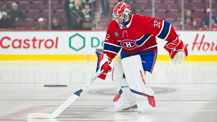 Oct 13, 2026; Montreal, Quebec, CAN;  Montreal Canadiens goalie Jacob Fowler (32) jumps on the ice first during warm-up before the game against the Buffalo Sabres at Bell Centre.  Mandatory Credit: David Kirouac-Imagn Images