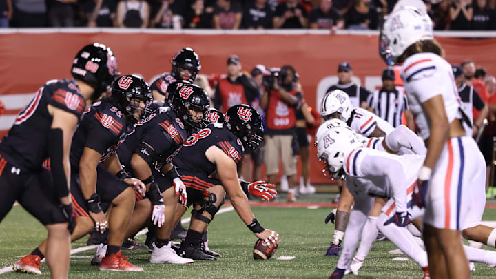 Sep 28, 2024; Salt Lake City, Utah, USA; The Utah Utes offense lines up against the Arizona Wildcats defense during the second quarter at Rice-Eccles Stadium. Mandatory Credit: Rob Gray-Imagn Images
