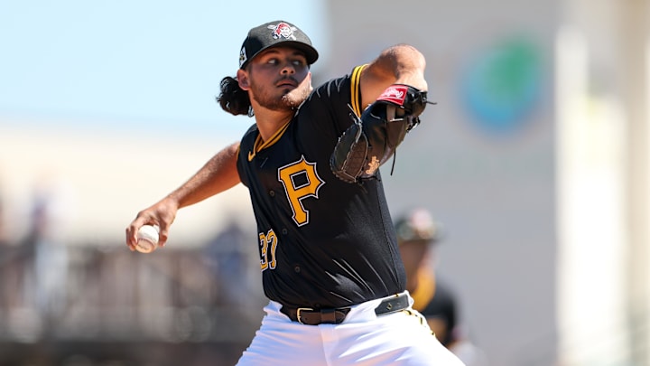 Mar 7, 2025; Bradenton, Florida, USA; Pittsburgh Pirates pitcher Jared Jones (37) throws a pitch against the Philadelphia Phillies in the first inning during spring training at LECOM Park. Mandatory Credit: Nathan Ray Seebeck-Imagn Images Mar 7, 2025; Bradenton, Florida, USA; Pittsburgh Pirates pitcher Jared Jones (37) throws a pitch against the Philadelphia Phillies in the first inning during spring training at LECOM Park. Mandatory Credit: Nathan Ray Seebeck-Imagn Images
