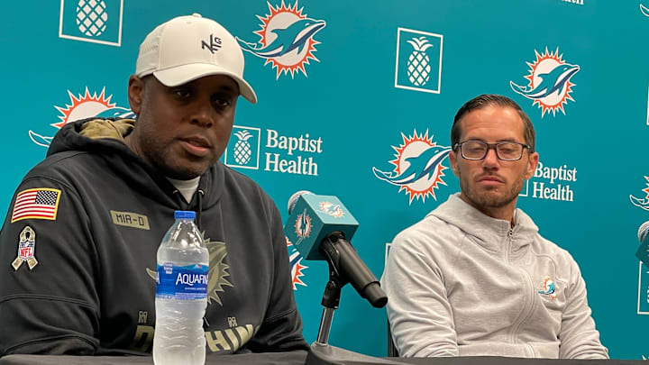 Dolphins general manager Chris Grier and coach Mike McDaniel address reporters Tuesday