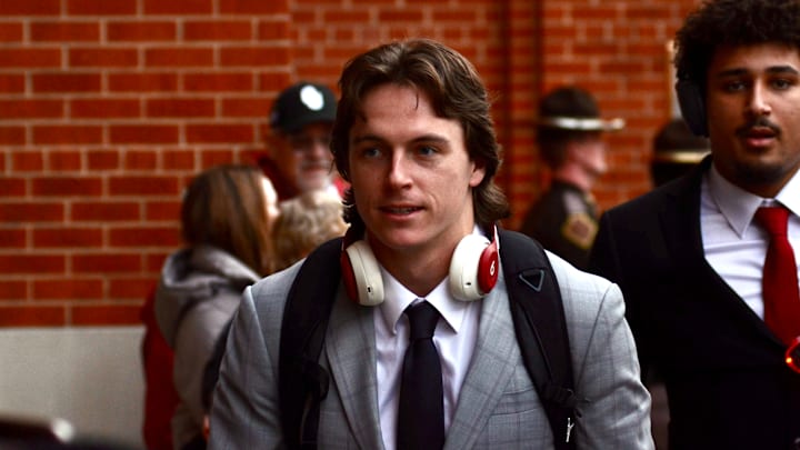 Oklahoma quarterback John Mateer arrives before facing Alabama in the CFP.