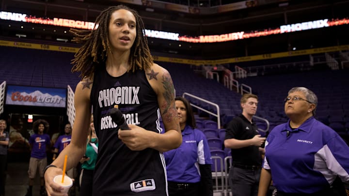 Jun. 10, 2013; Phoenix, AZ, USA: Phoenix Mercury center Brittney Griner during a team practice at the US Airways Center. Mandatory Credit: Mark J. Rebilas-Imagn Images