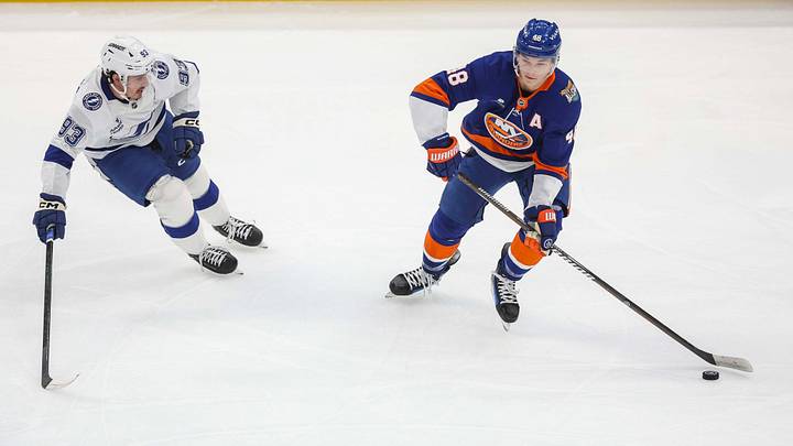 Oct 10, 2026; Elmont, New York, USA; Tampa Bay Lightning center Gage Goncalves (93) and New York Islanders defenseman Matthew Schaefer (48) battle for control of the puck in the first period at UBS Arena. Mandatory Credit: Wendell Cruz-Imagn Images Oct 10, 2026; Elmont, New York, USA; Tampa Bay Lightning center Gage Goncalves (93) and New York Islanders defenseman Matthew Schaefer (48) battle for control of the puck in the first period at UBS Arena. Mandatory Credit: Wendell Cruz-Imagn Images