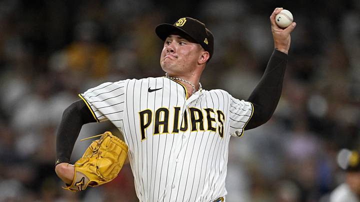 Sep 8, 2026; San Diego, California, USA;  San Diego Padres pitcher Adrian Morejon (50) delivers during the ninth inning against the Washington Nationals at Petco Park.  Mandatory Credit: Denis Poroy-Imagn Images