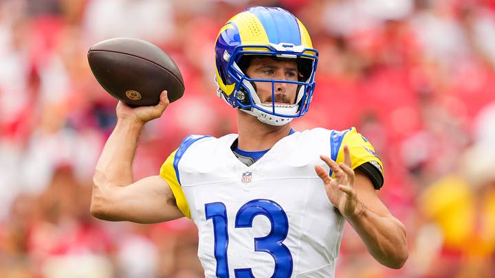 Aug 15, 2026; Kansas City, Missouri, USA; Los Angeles Rams quarterback Stetson Bennett IV (13) throws a pass during the first half against the Kansas City Chiefs at Arrowhead Stadium. Mandatory Credit: Jay Biggerstaff-Imagn Images