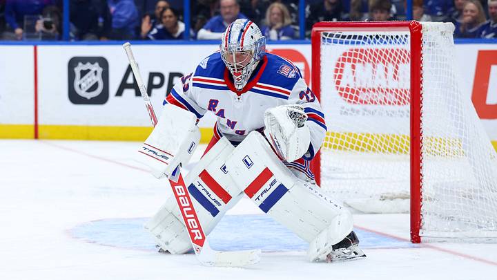 Apr 15, 2026; Tampa, Florida, USA; New York Rangers goaltender Dylan Garand (33) looks on against the Tampa Bay Lightning in the third period at Benchmark International Arena. Mandatory Credit: Nathan Ray Seebeck-Imagn Images Apr 15, 2026; Tampa, Florida, USA; New York Rangers goaltender Dylan Garand (33) looks on against the Tampa Bay Lightning in the third period at Benchmark International Arena. Mandatory Credit: Nathan Ray Seebeck-Imagn Images