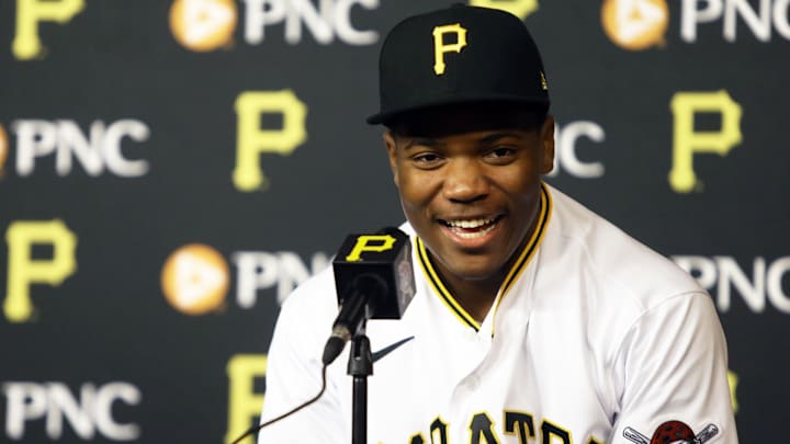 Termarr Johnson the Pittsburgh Pirates first-round draft pick and fourth overall player drafted in the 2022 MLB Draft speaks at an introductory press conference before the Pirates host the Philadelphia Phillies at PNC Park.