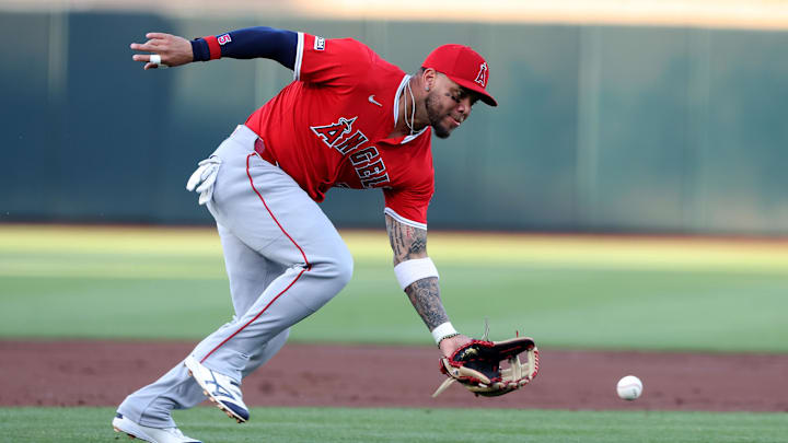 May 19, 2025; West Sacramento, California, USA; Los Angeles Angels third baseman Yoan Moncada (5) fields a ground ball during the first inning against the Athletics at Sutter Health Park. Mandatory Credit: Dennis Lee-Imagn Images May 19, 2025; West Sacramento, California, USA; Los Angeles Angels third baseman Yoan Moncada (5) fields a ground ball during the first inning against the Athletics at Sutter Health Park. Mandatory Credit: Dennis Lee-Imagn Images
